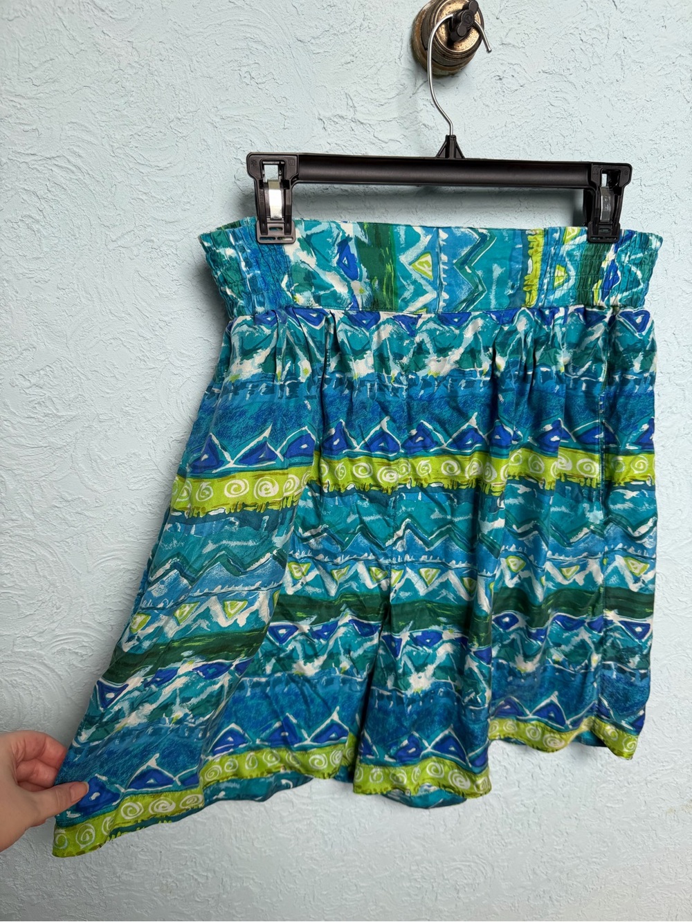 100% Silk Blue & Green Printed Smocked Waist Skirt